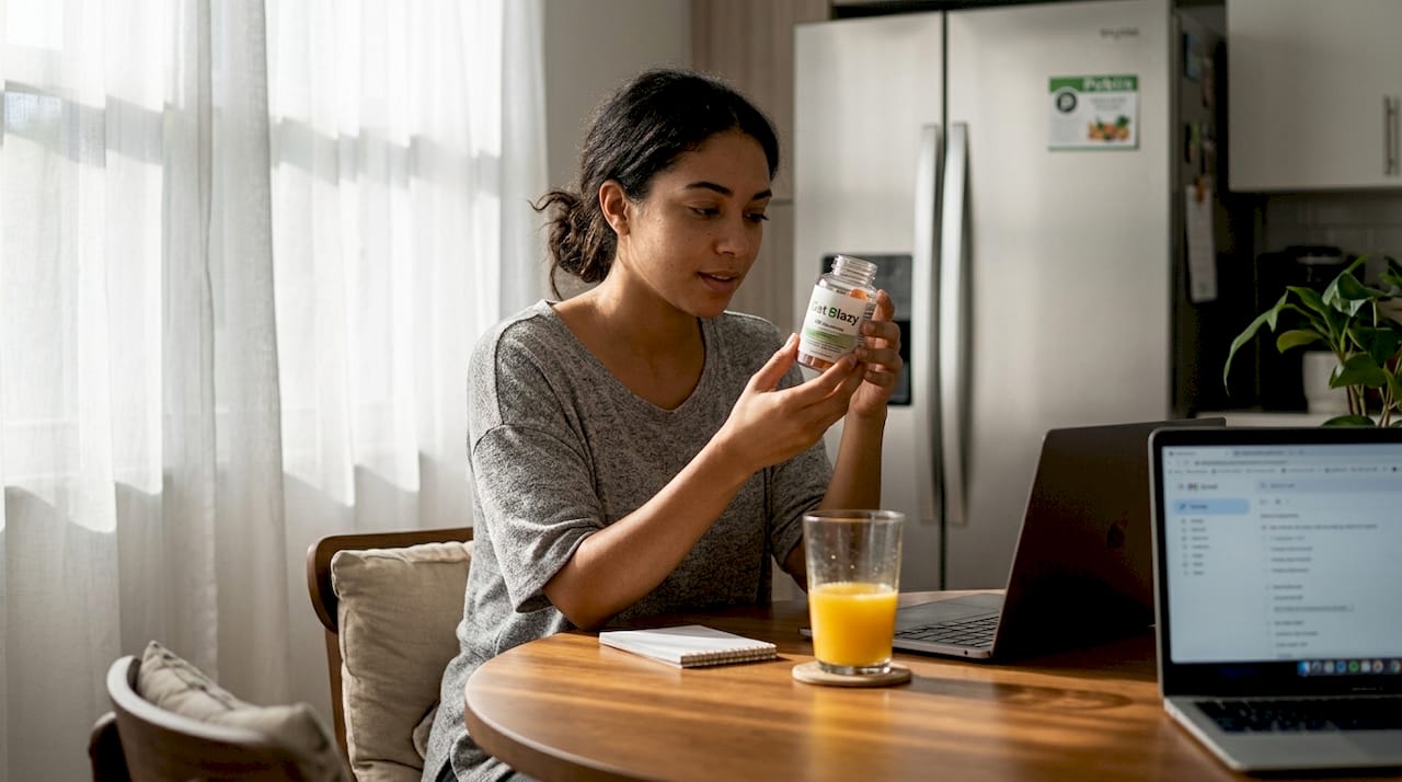 Woman checks CBD gummies label at kitchen table