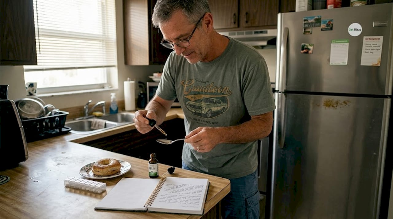 Man measuring CBD dose in kitchen routine