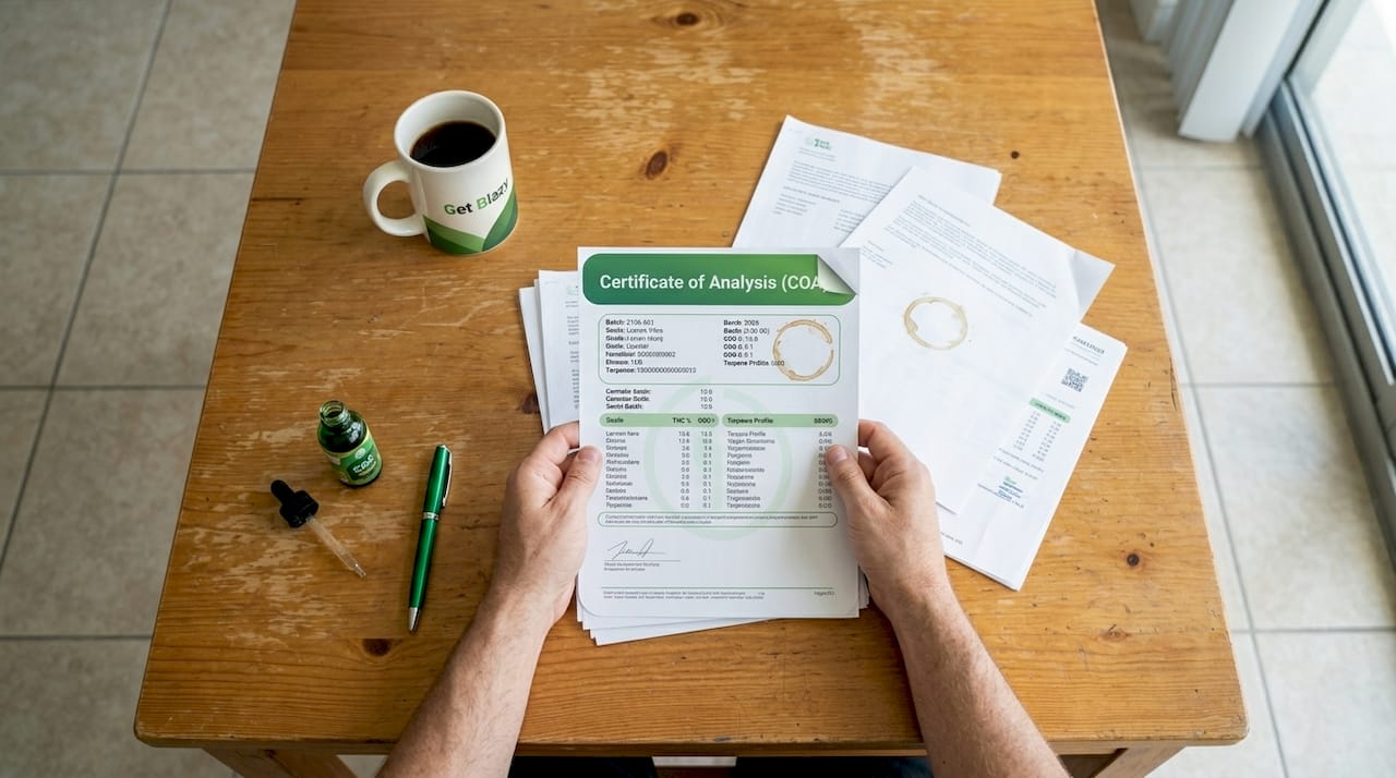 Hands reviewing CBD COA lab report at table