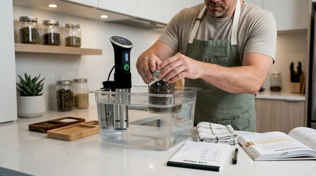 Person using sous vide to decarb cannabis