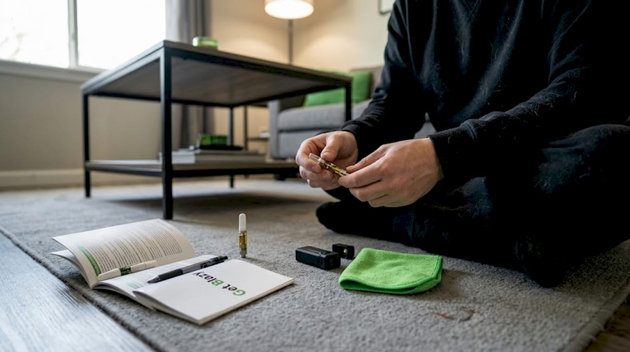 Person troubleshooting vape cartridge at home