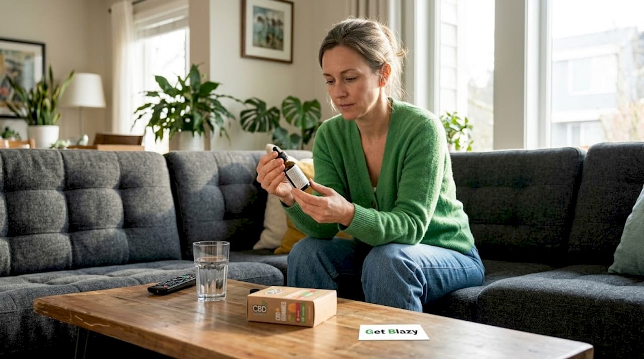 Woman reading CBD oil label on couch