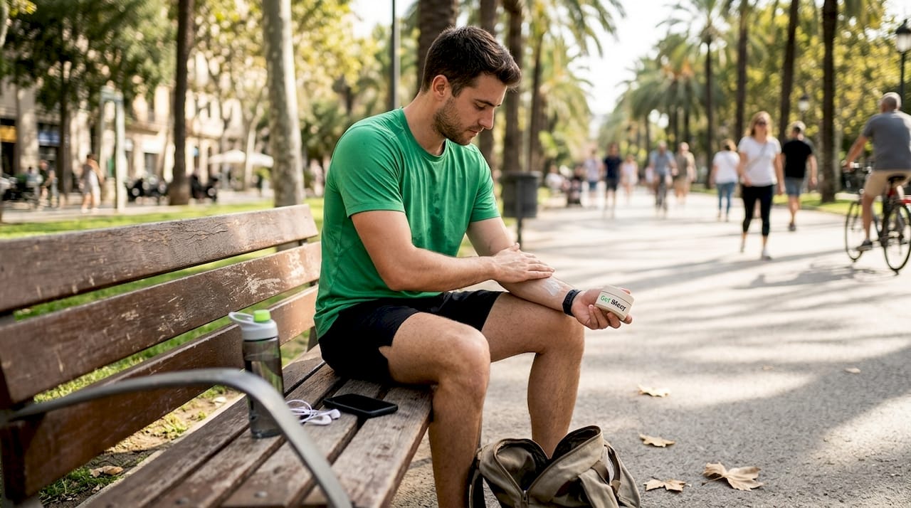 Man applying CBD cream after park run