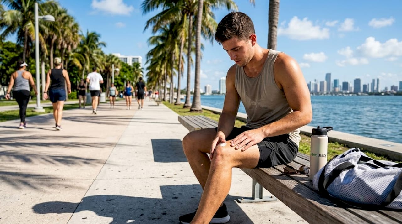 Man applies CBD cream post-exercise in Miami park
