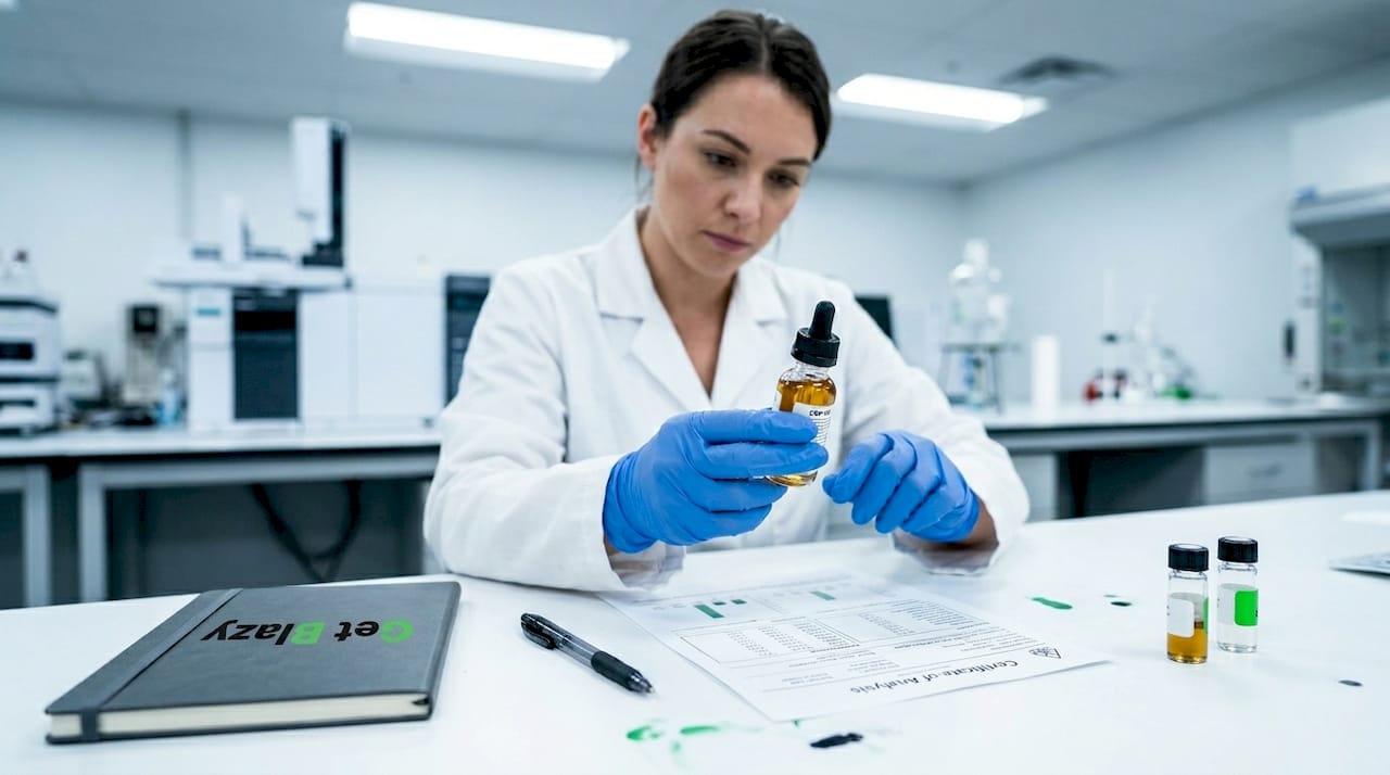 Lab technician verifying CBD oil quality