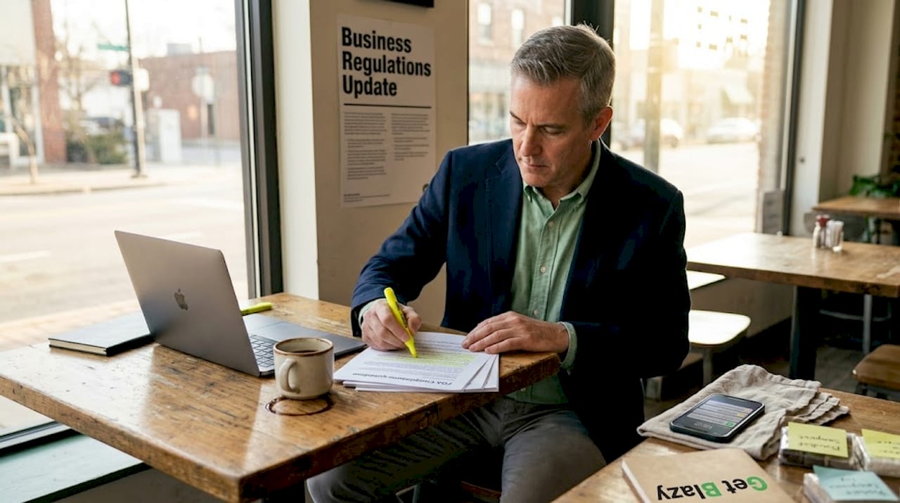 Owner highlighting FDA rules at cafe table
