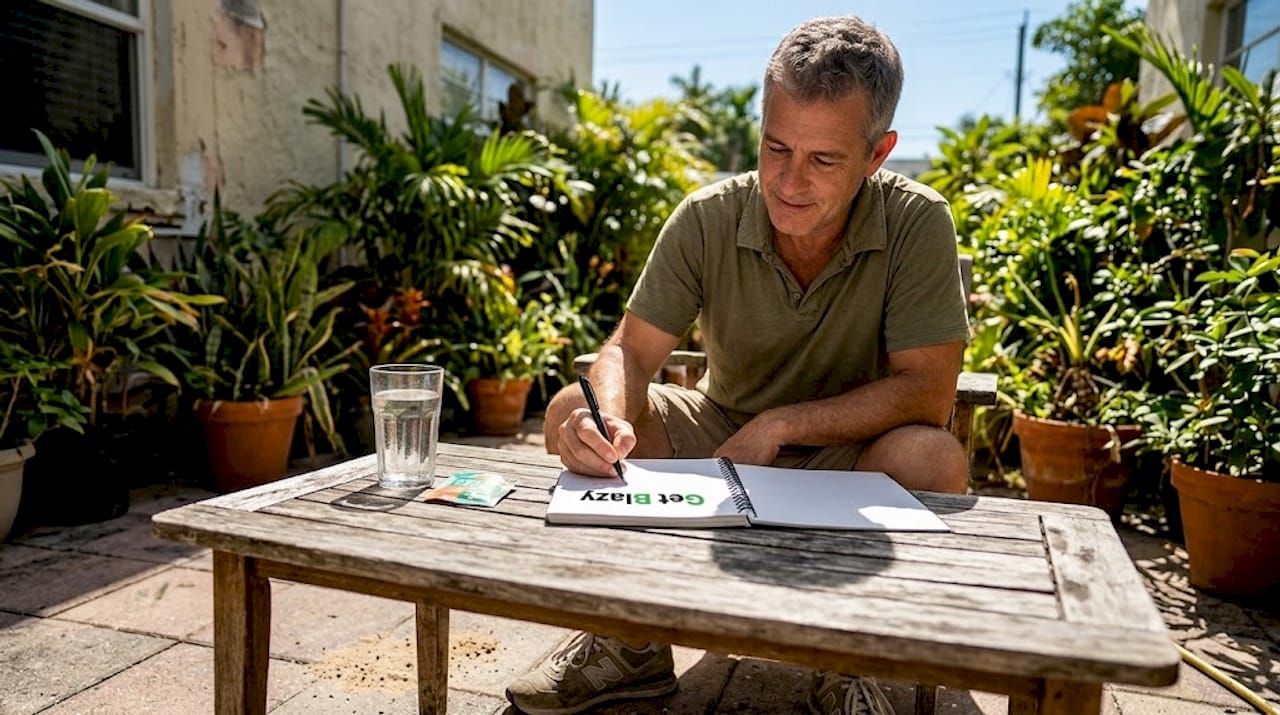 Man tracking CBD effects on patio in Miami