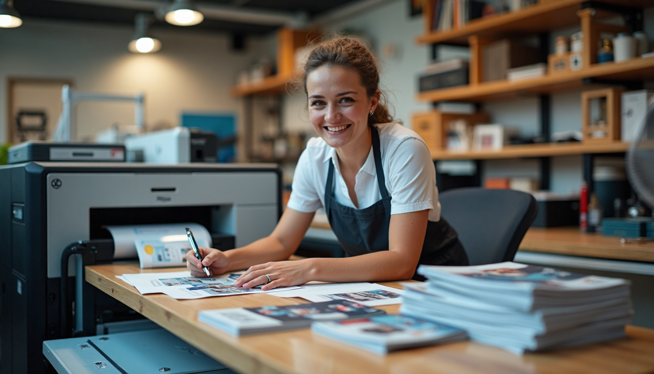 Print shop employee manages fast digital printer and customized products