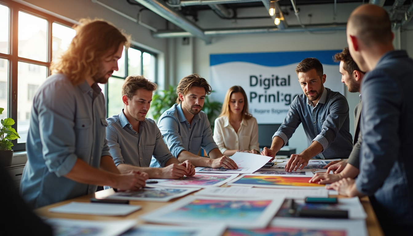 Office team evaluating vibrant print samples near digital printer