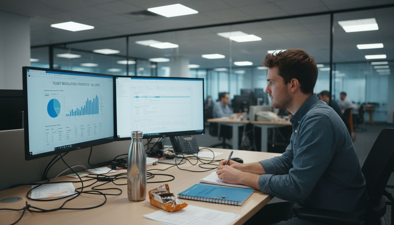 IT lead monitoring resolution statistics at desk