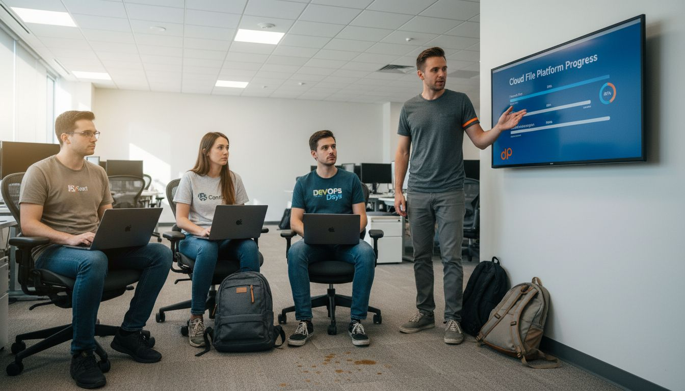 Team reviewing project dashboard in open-plan office