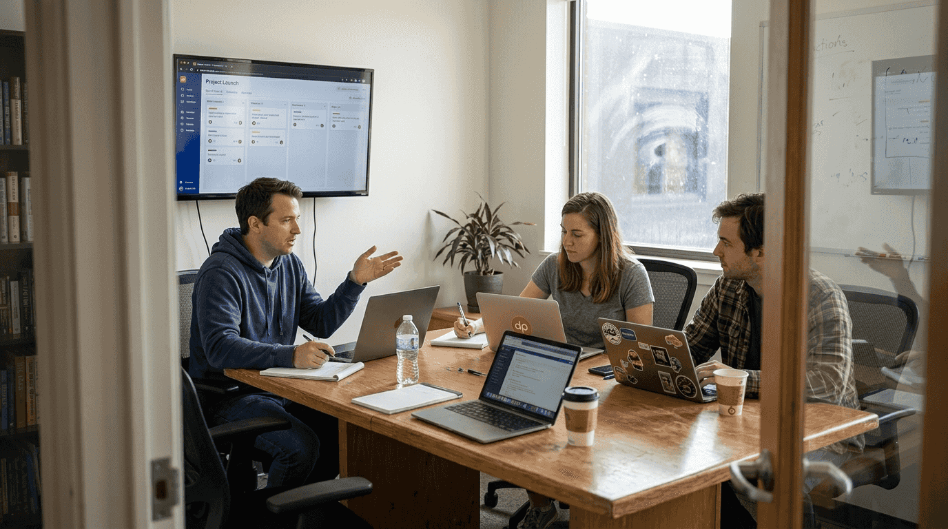 Engineering team discussing project tasks