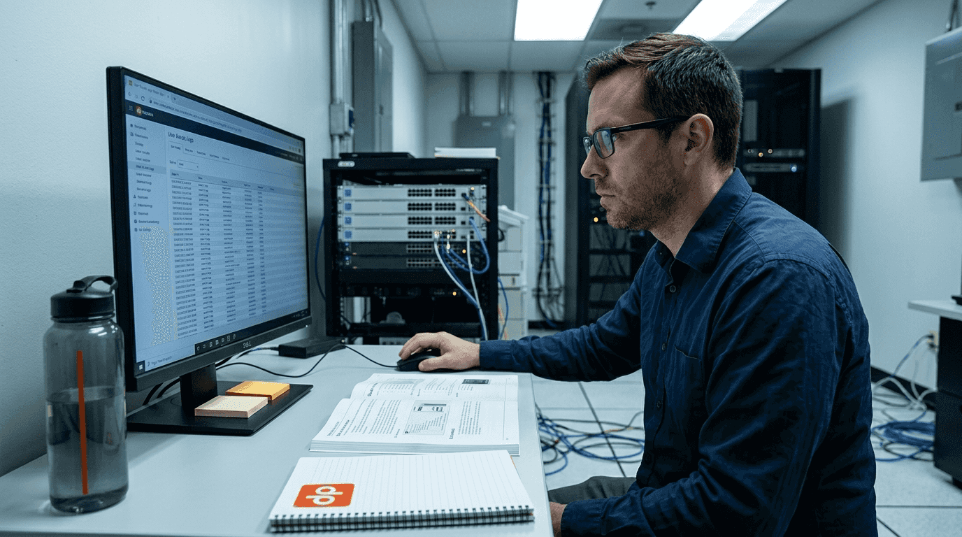 IT analyst checks user access in server room
