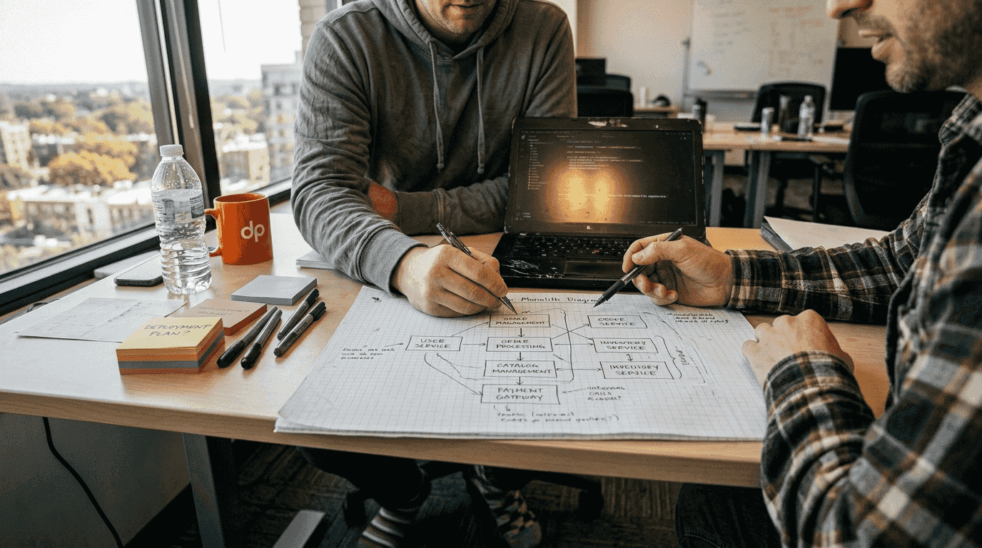 Architects sketching modular monolith design