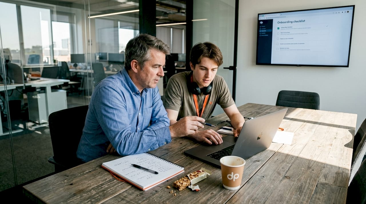 Senior engineer discussing onboarding with new hire