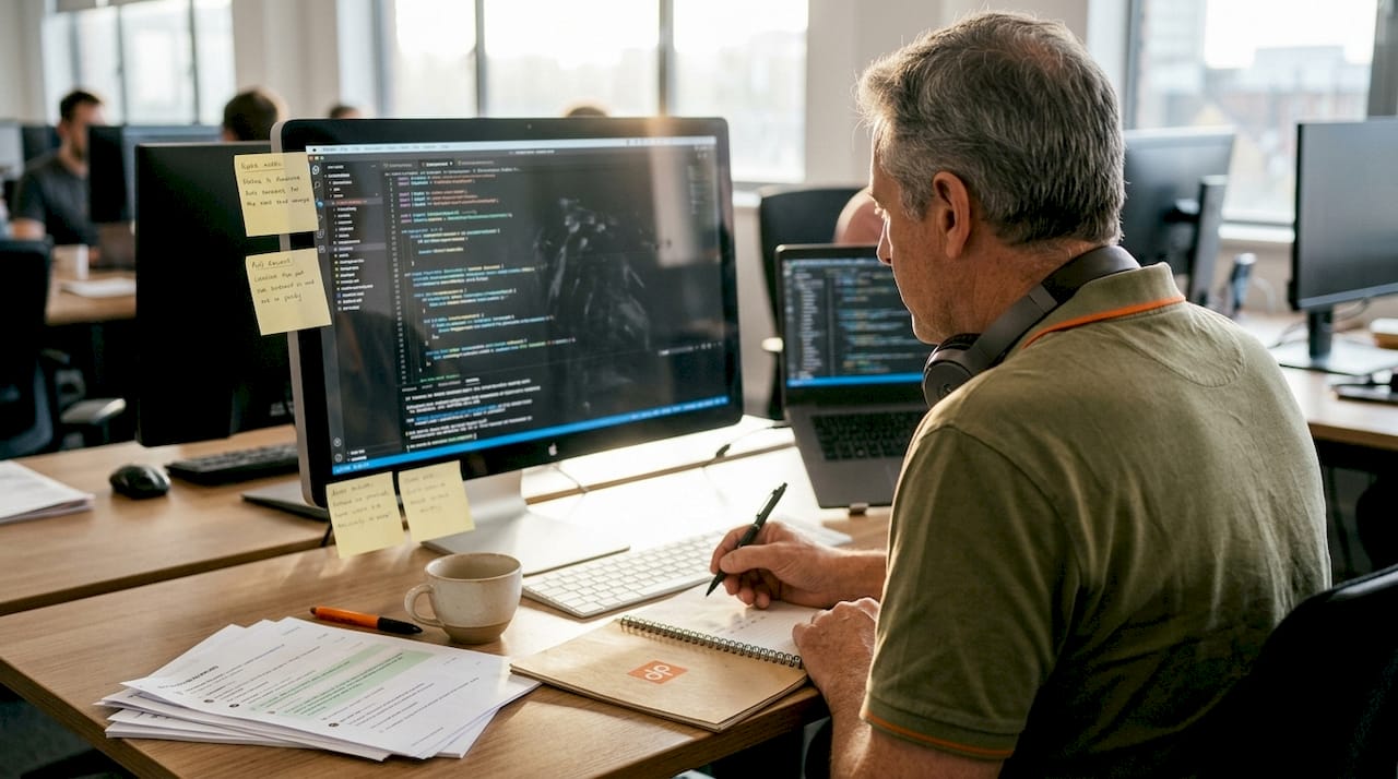 Senior engineer reviewing code in open office