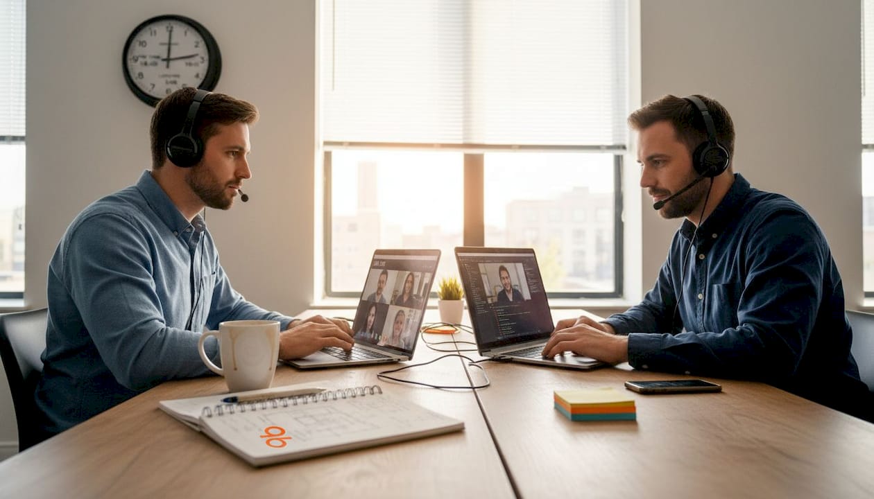 Developers collaborating remotely via video call