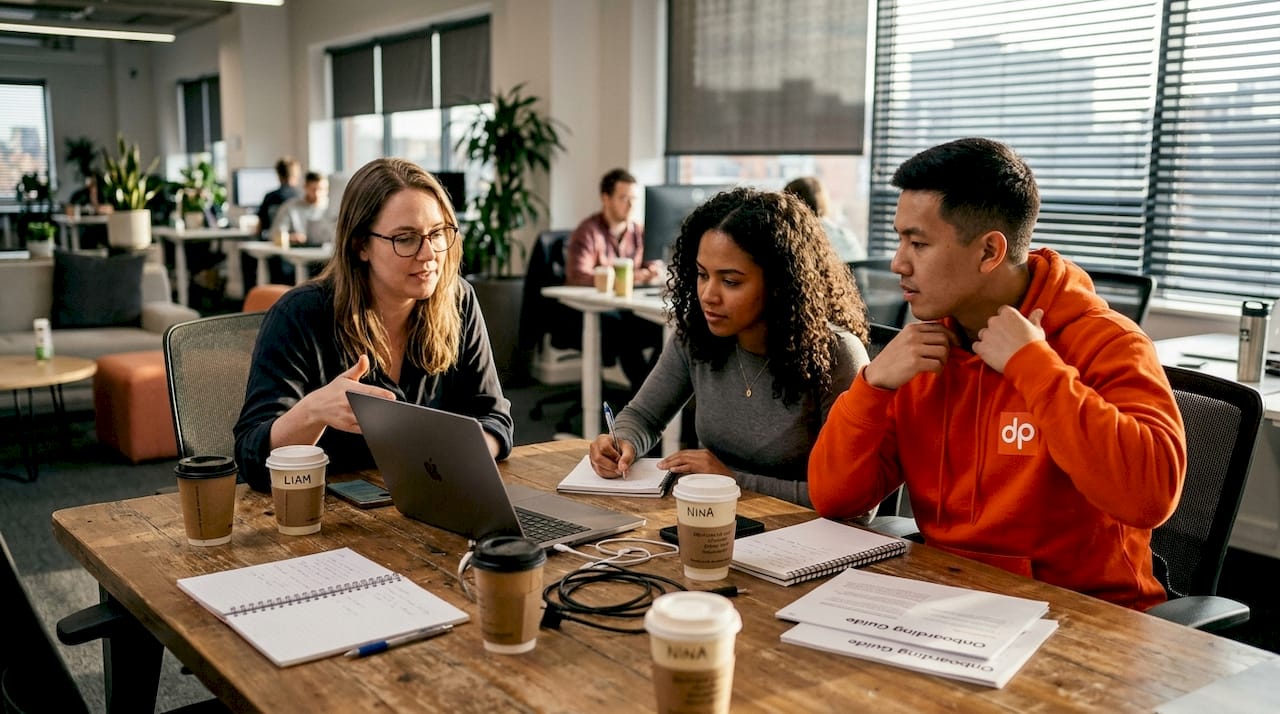 Engineer onboarding new team members at table