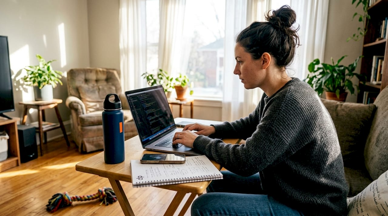 Female engineer working in bright living room