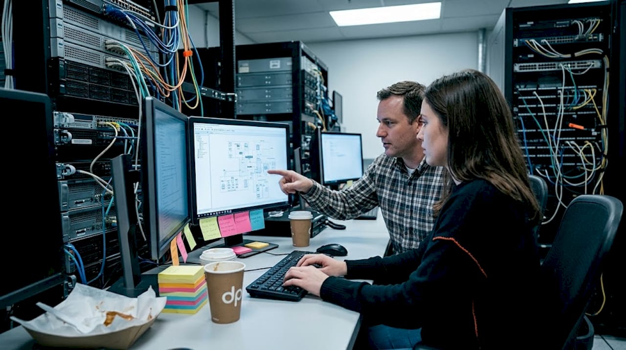 IT specialists working together on server setup