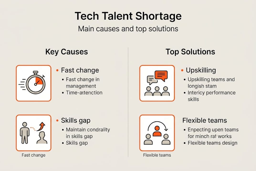 Infographic showing causes and solutions for tech shortage