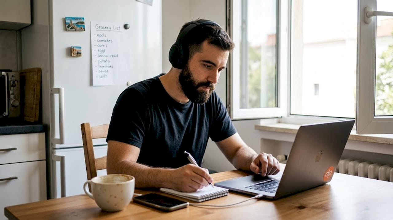 Remote developer in video interview at kitchen table