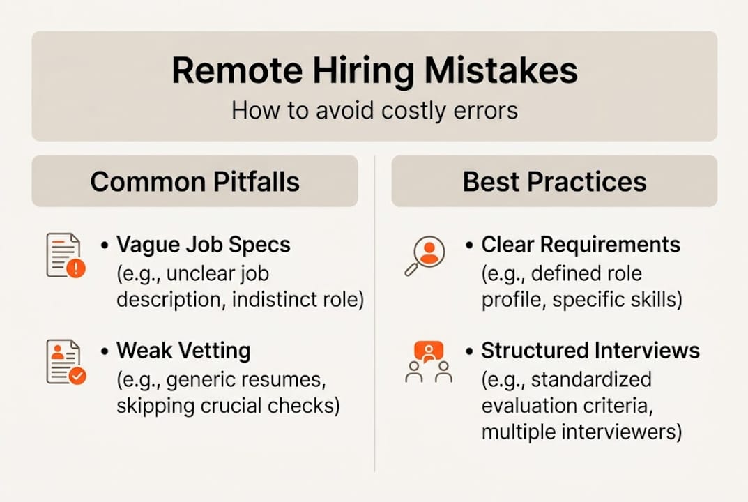 Infographic showing common remote hiring mistakes and solutions