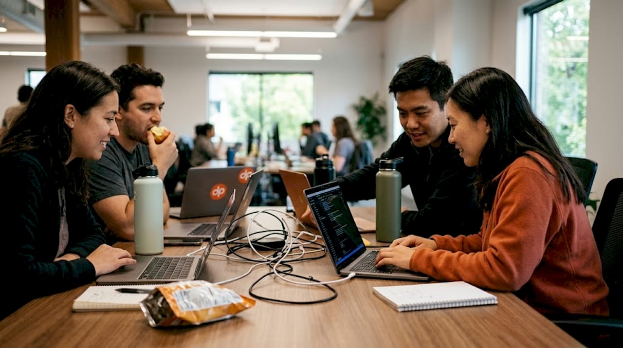 Software engineers collaborating in casual workspace