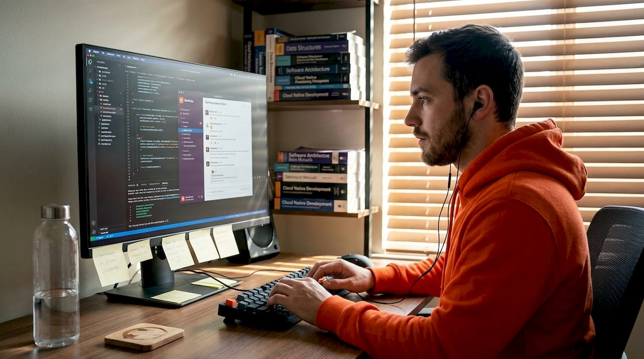 Developer working remotely at cluttered home desk