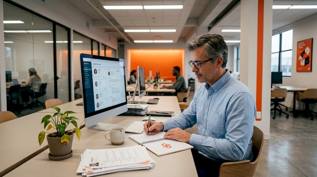 IT manager reviewing staff profiles in workspace