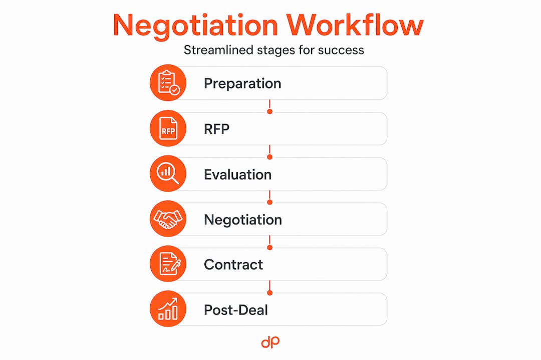 Infographic showing negotiation workflow stages step-by-step