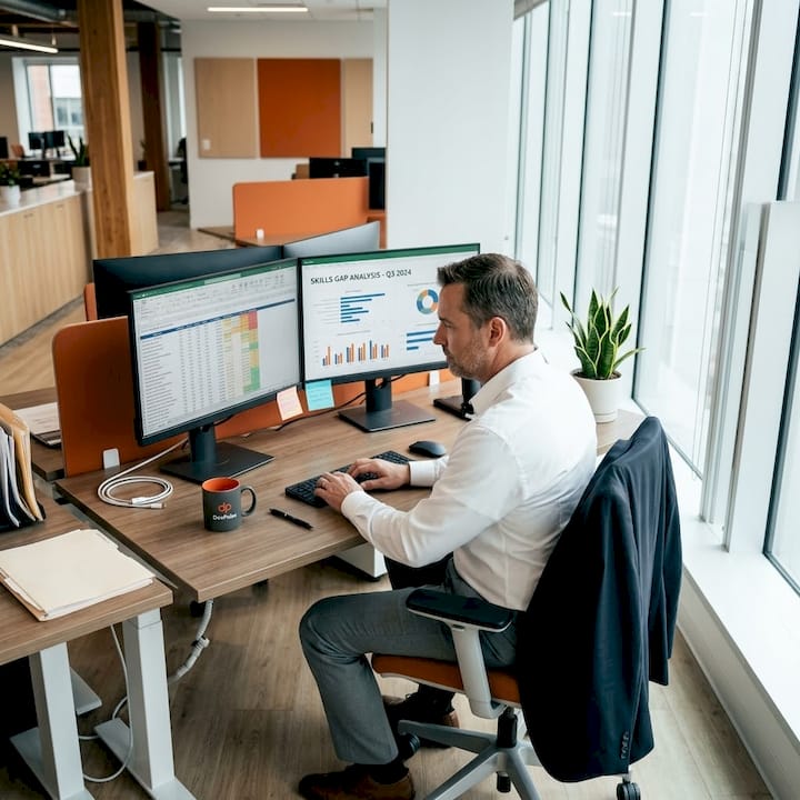Manager reviewing IT team skills data at desk