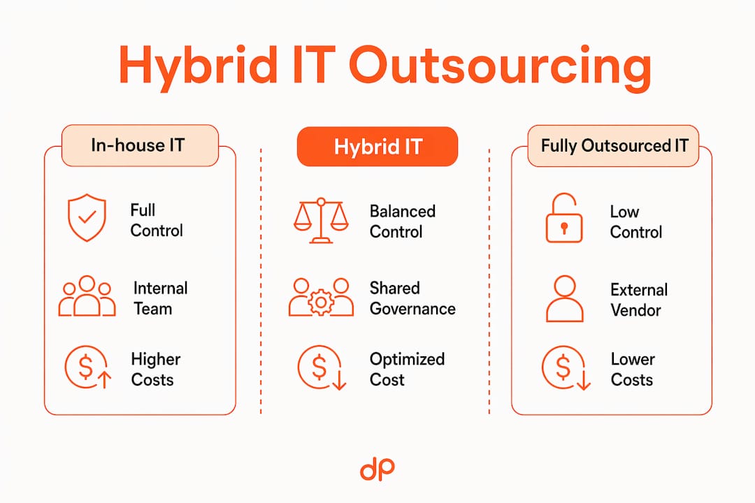 Infographic comparing in-house, fully outsourced, and hybrid IT models
