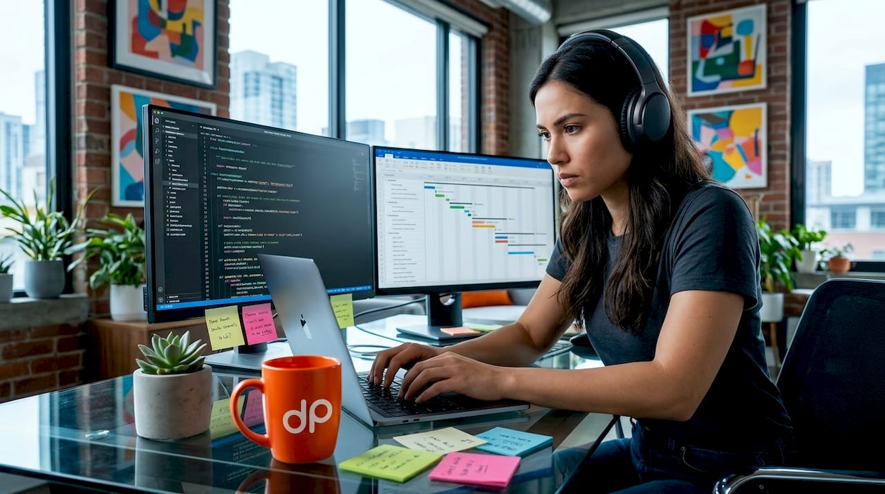 Remote engineer coding at home workspace