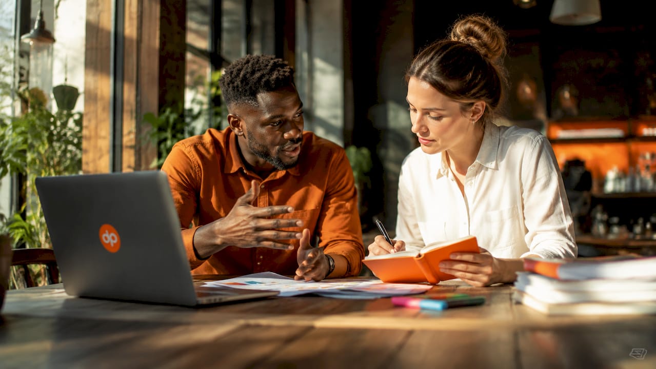 Two coworkers collaborating on outsourcing strategy