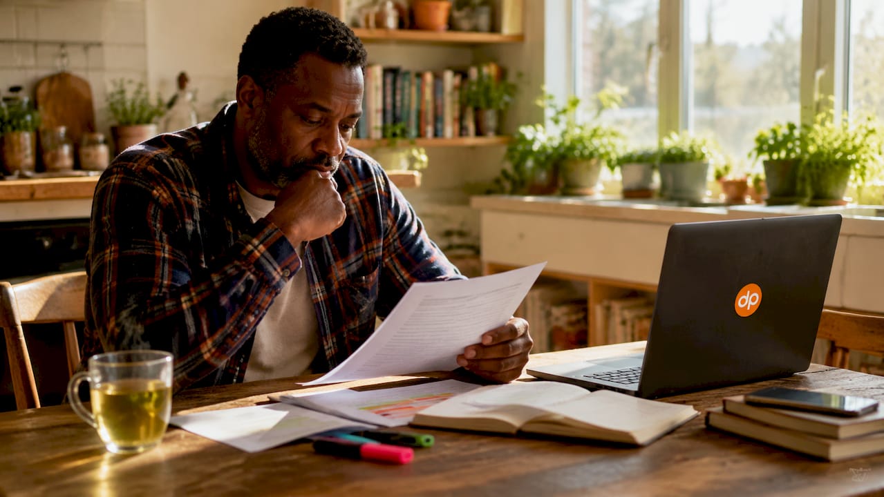 Man reflecting on cultural intelligence notes at desk