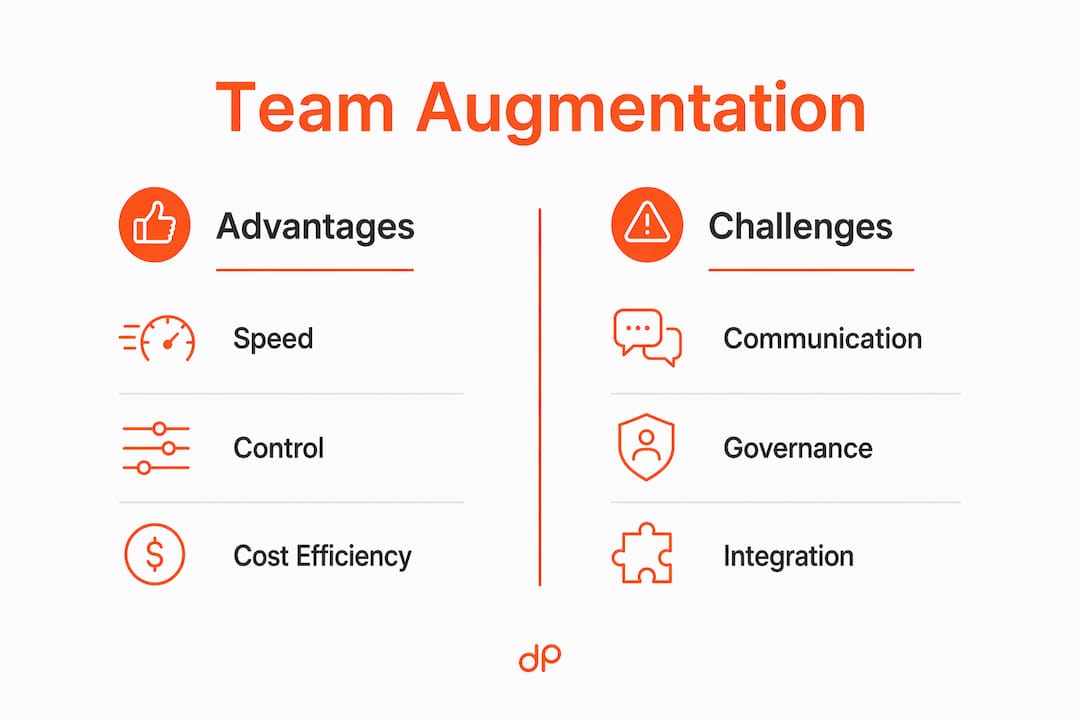 Infographic comparing advantages and challenges of team augmentation