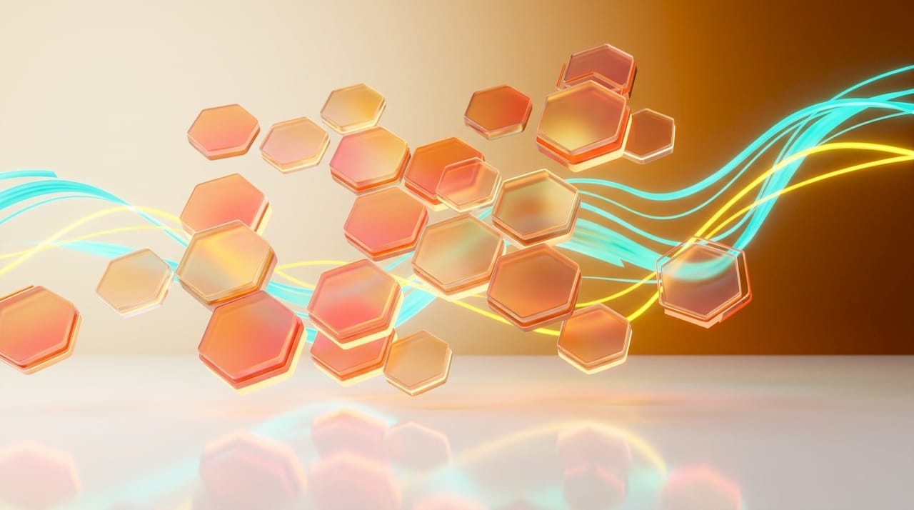 Glowing 3D glass hexagons and neon ribbons