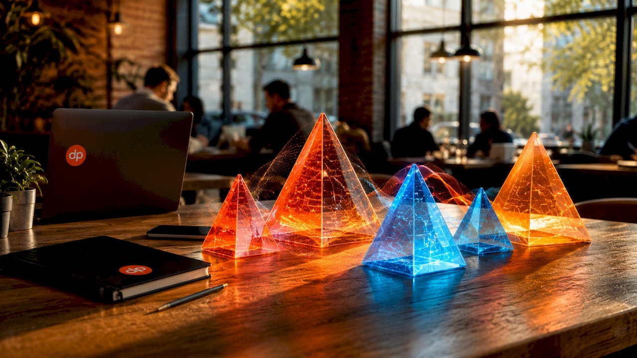 3D glowing geometric forms abstractly representing outsourcing phases