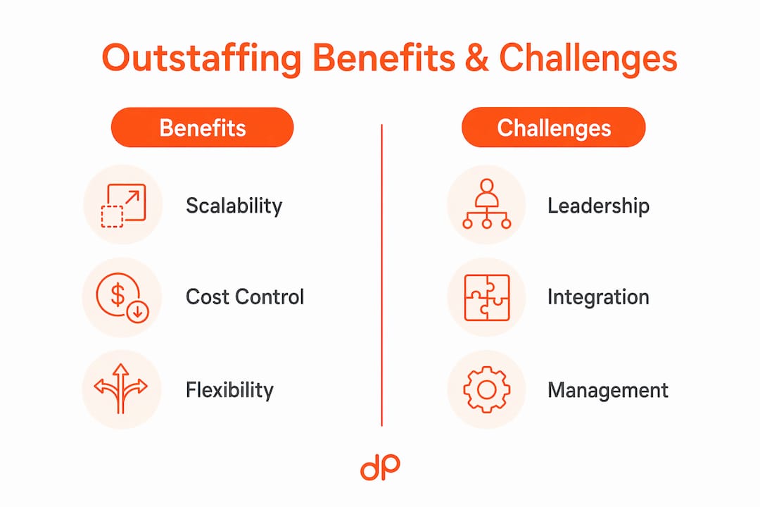 Infographic comparing outstaffing benefits and challenges