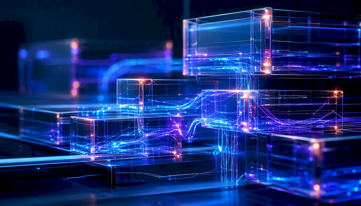 Abstract glowing containers interconnected