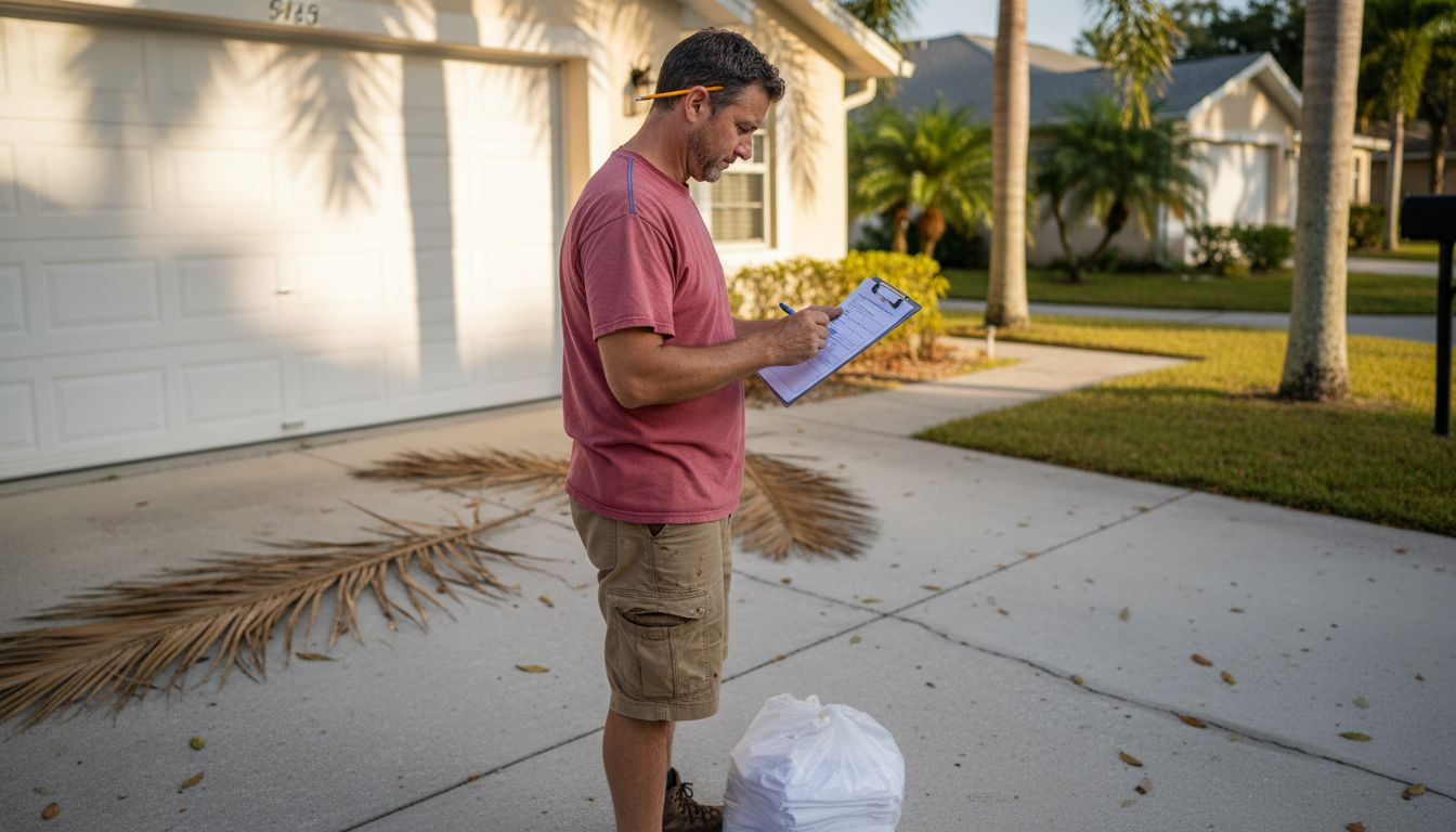 Streamline your Cape Coral short-term rental workflow 1 Handyman checking property readiness checklist outdoors