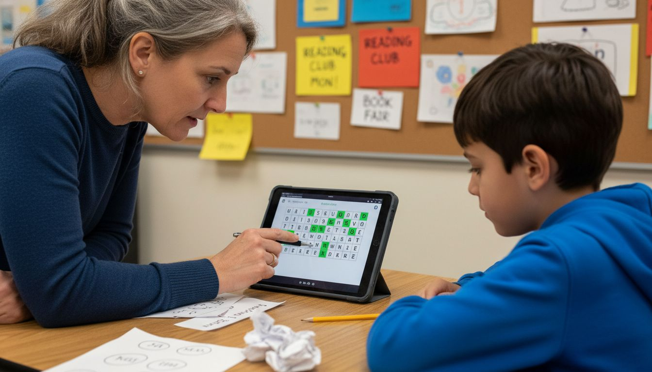Teacher helping student with vocabulary game