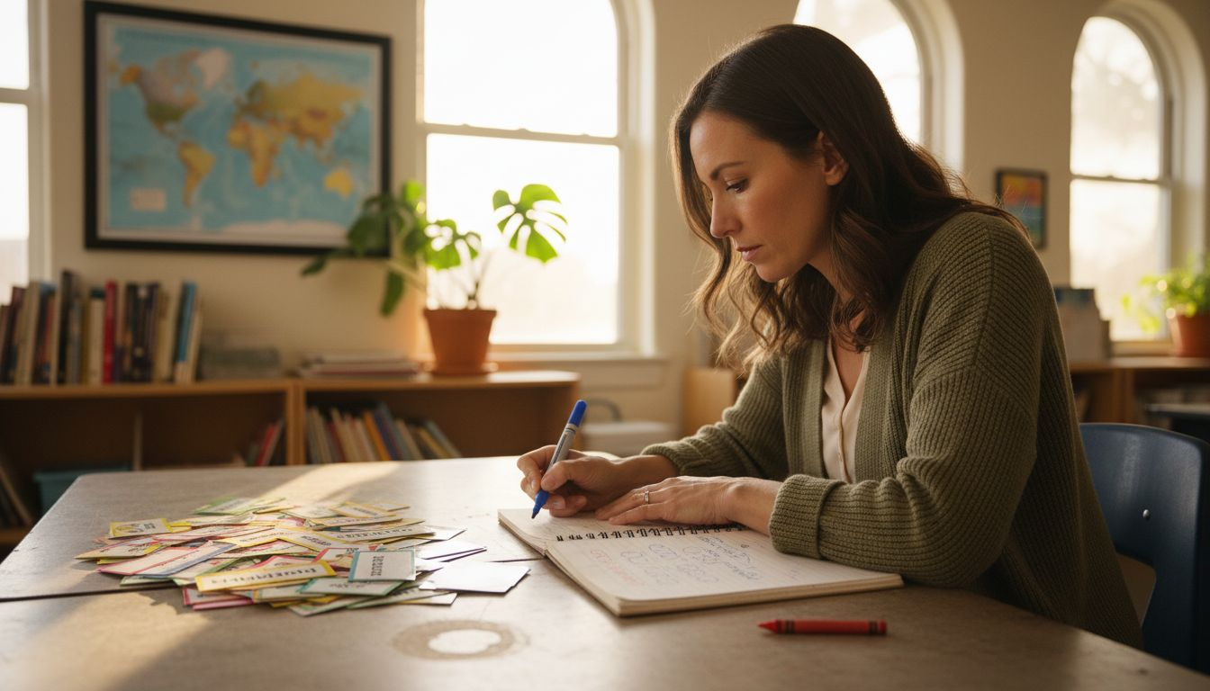 Teacher selecting words for children’s puzzle