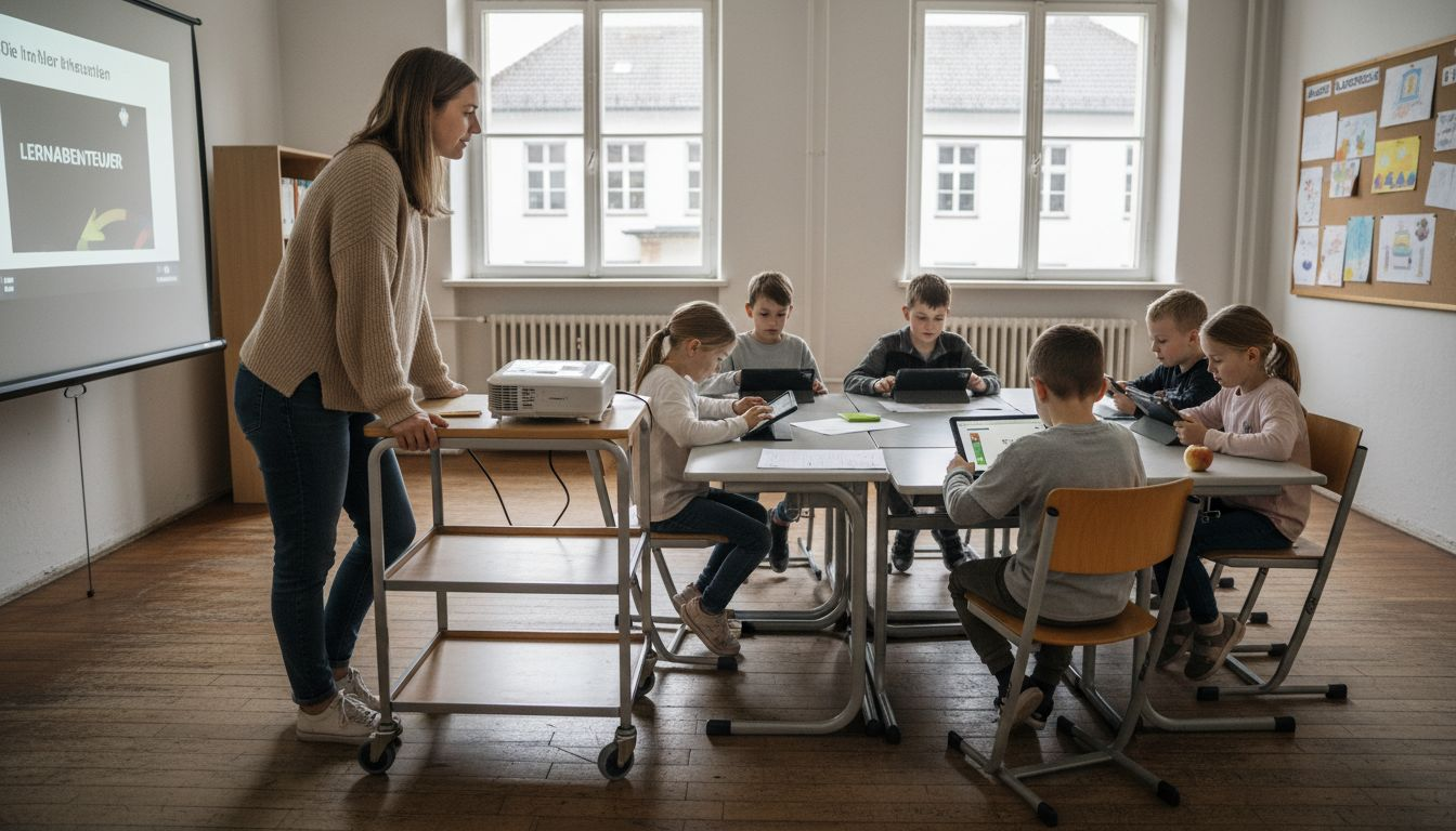 Eine Lehrerin schaut zu, wie die Kinder gemeinsam mit ihren Tablets spielen.