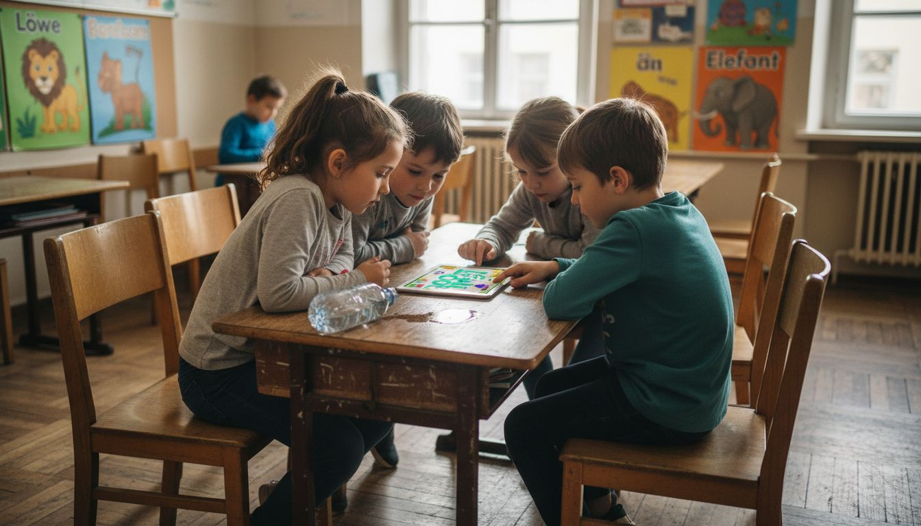 Schülerinnen und Schüler üben spielerisch ihren Wortschatz auf dem Tablet.