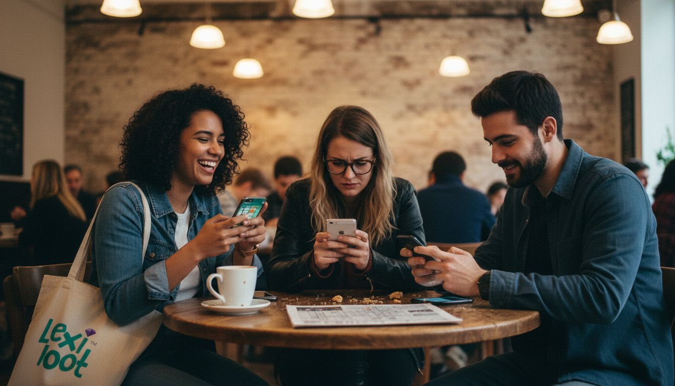 Friends playing mobile word game in café
