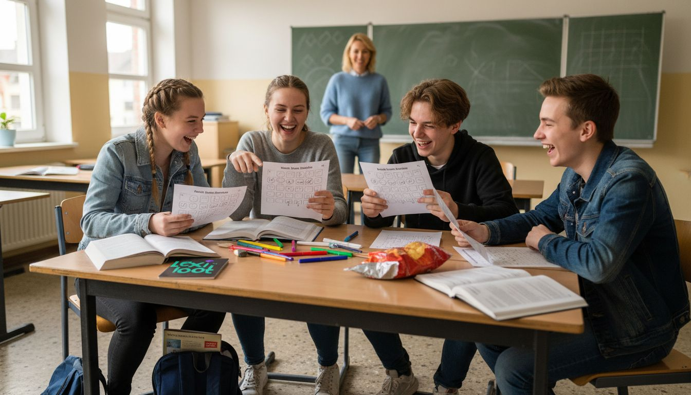 Jugendliche vergleichen ihre Stadt-Land-Fluss-Zettel und schauen, wer die kreativsten oder lustigsten Antworten hat.