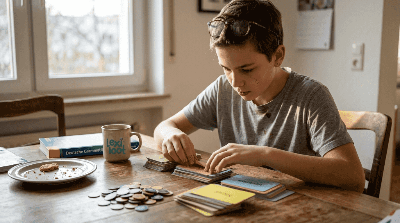 Ein Schüler ordnet Vokabelkarten, um sein Gedächtnis spielerisch zu trainieren.
