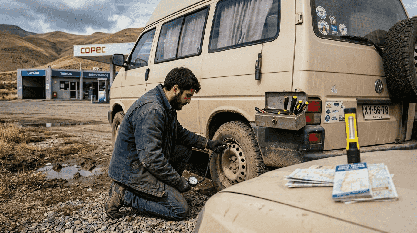 A man inspecting his caravan's tires